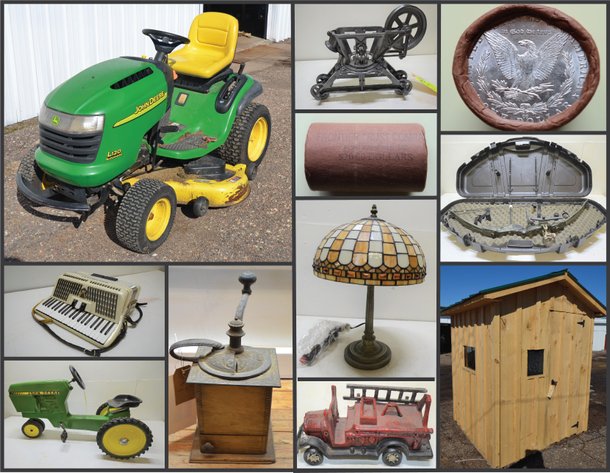 JOHN DEERE LAWNMOWERS, HUNTING SHACK, COINS, LAMPS & MORE!