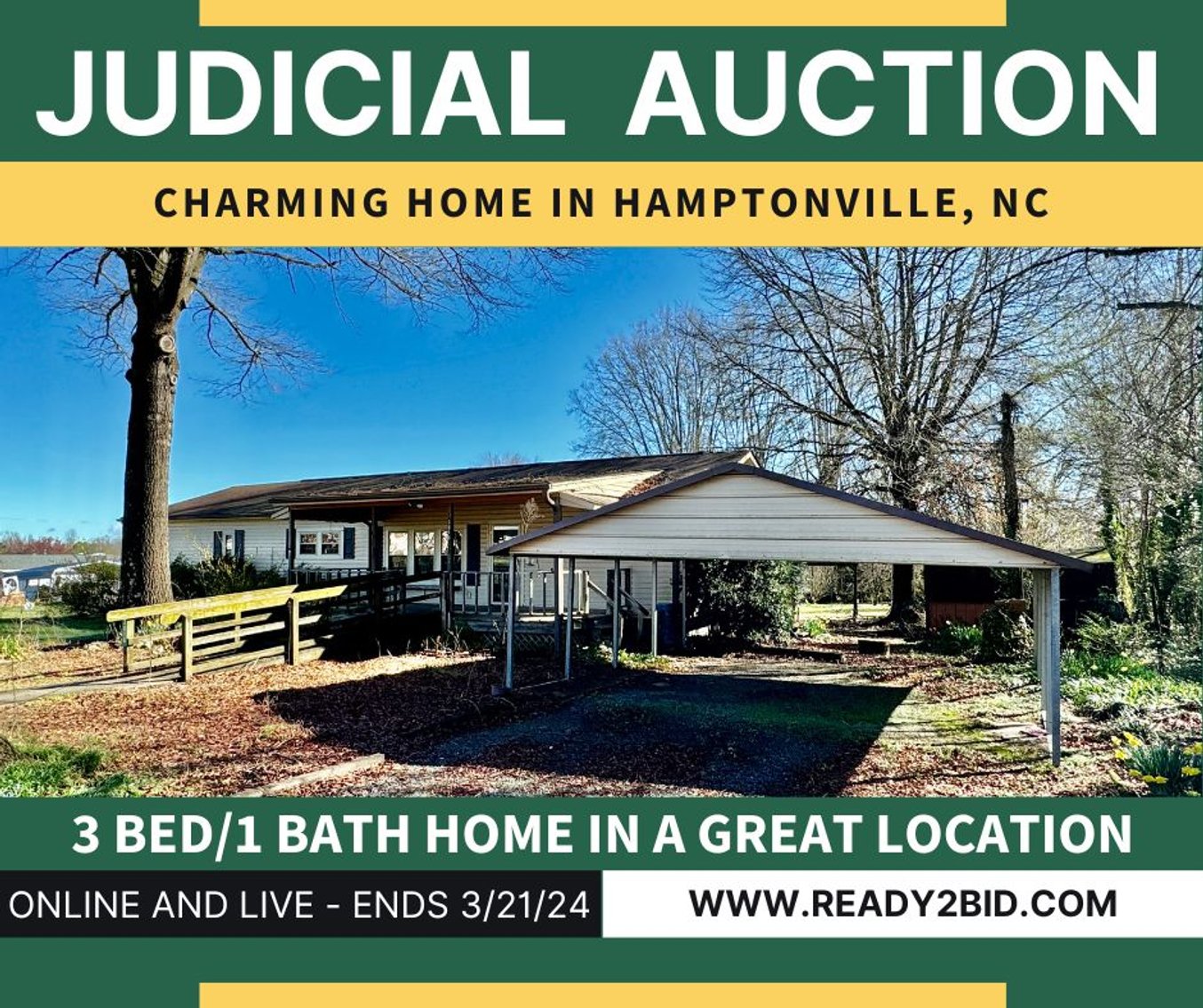 JUDICIAL SALE - 3 Bed/1 Bath Home in Hamptonville, NC