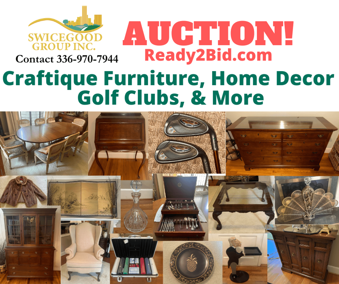 Craftique Furniture, Home Decor, Golf Clubs, & More Auction