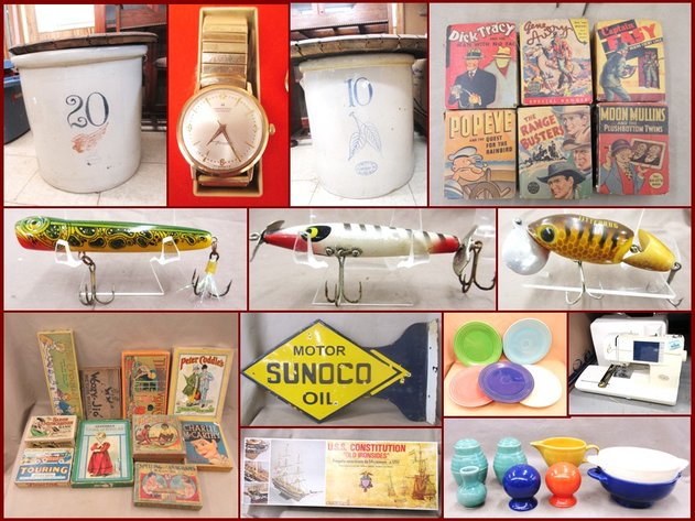 Porcelain Signs, Vintage Lures, Fiesta Dishes and Antiques (blue) 