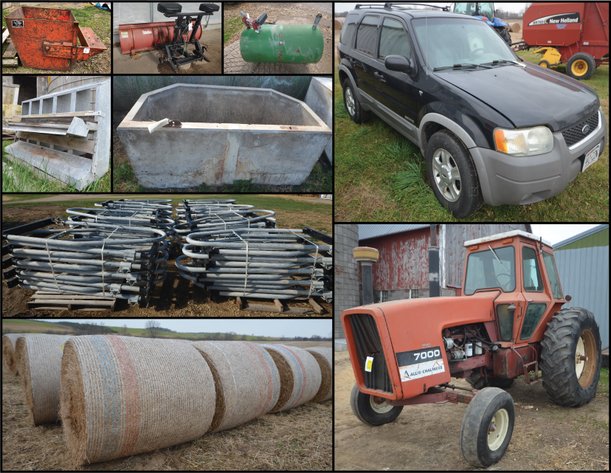 ALLIS CHALMERS 7000, WHEAT STRAW BALES, STANCHION DIVIDERS, SKIDSTEER ATTACHMENTS