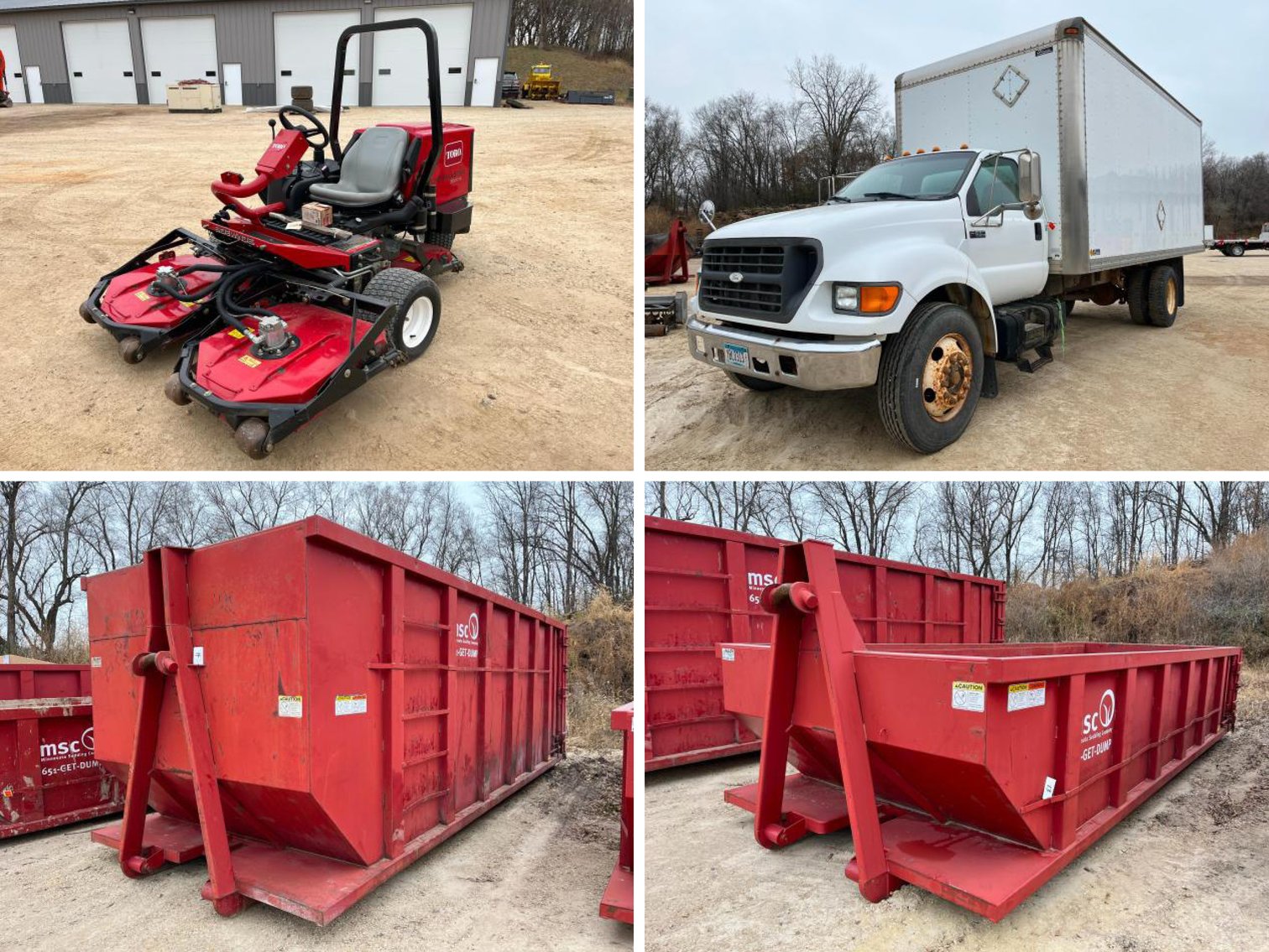 Roll off Dumpsters, 2000 Ford 650 Box Truck, 2013 Toro Ground Master 3500G, & Shop Equipment