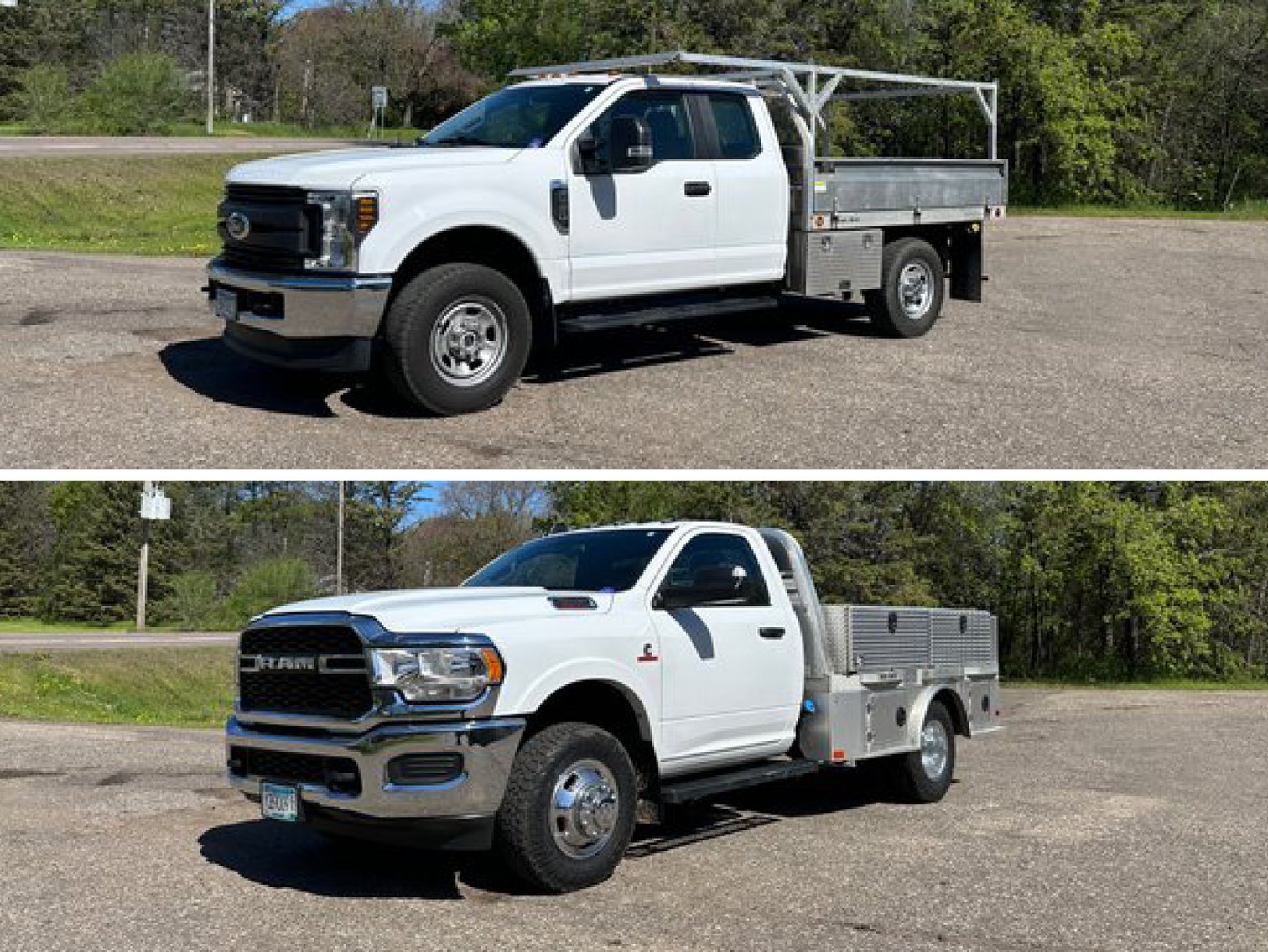 2018 Ford F-350 Pickup Truck & 2021 Dodge Ram 3500 Pickup With CM Truck Bed 