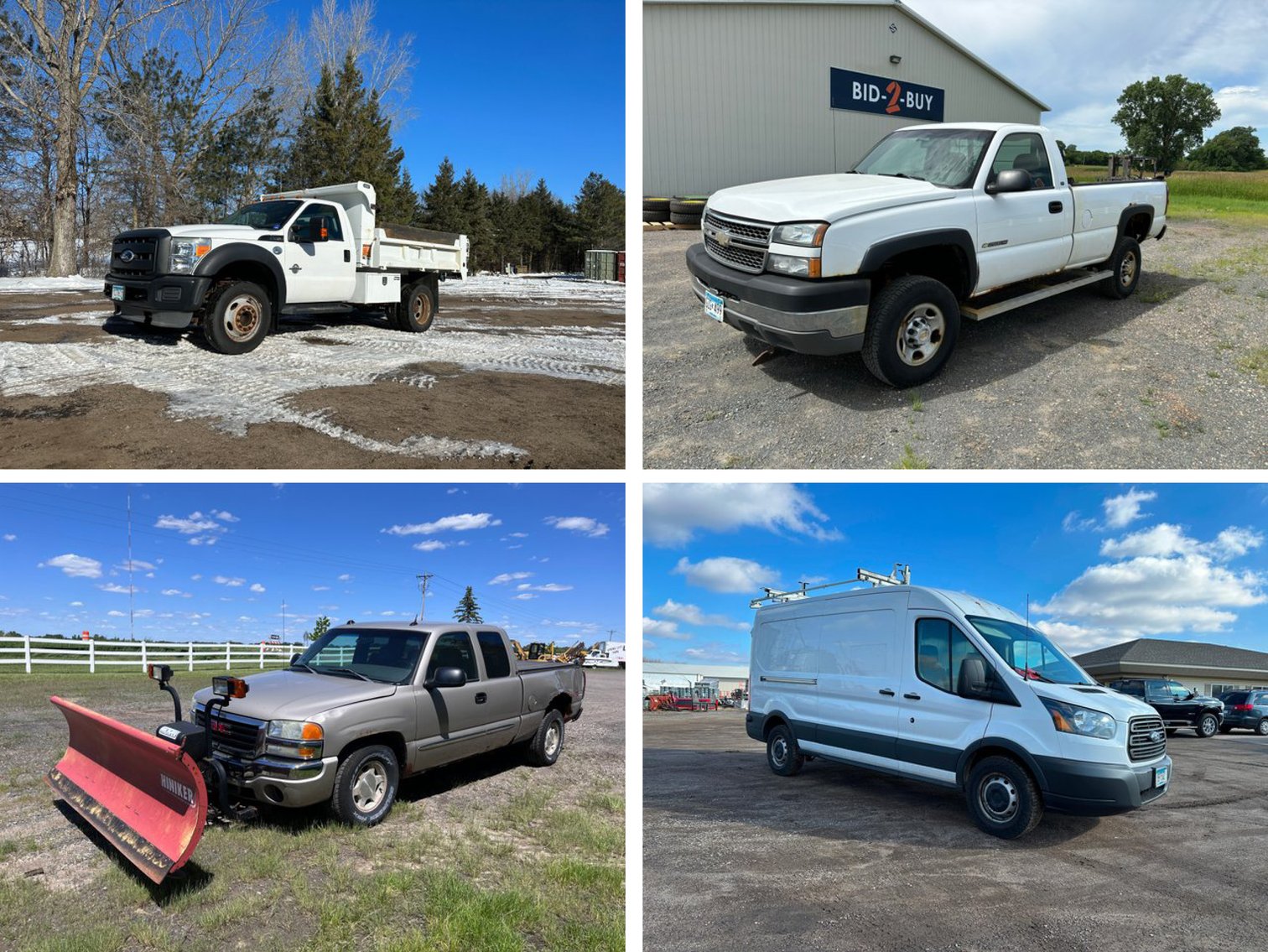 (4) Trucks: Pickups, Plow, Dump Truck & Transit Van