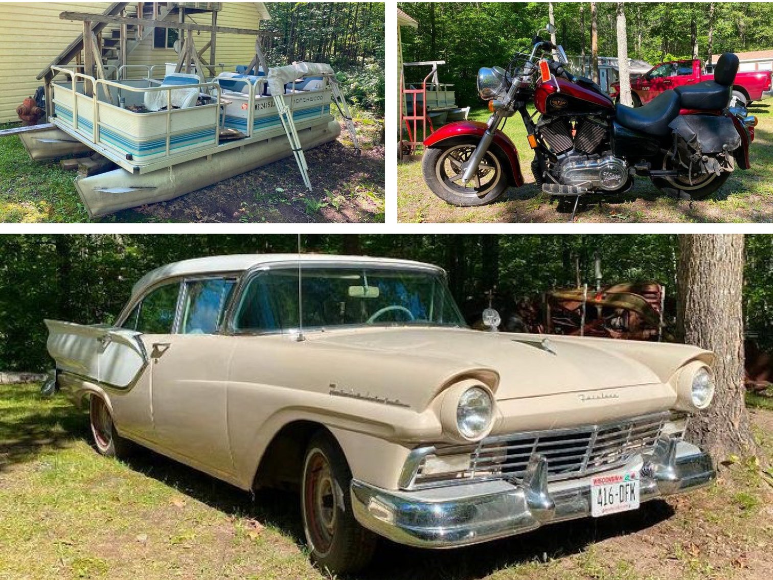 1957 Ford Fairlane, 1992 Lowe 257 Classic 25.5' Pontoon, Northwood 17' Pontoon, 1999 Victory Motorcycle (126084)