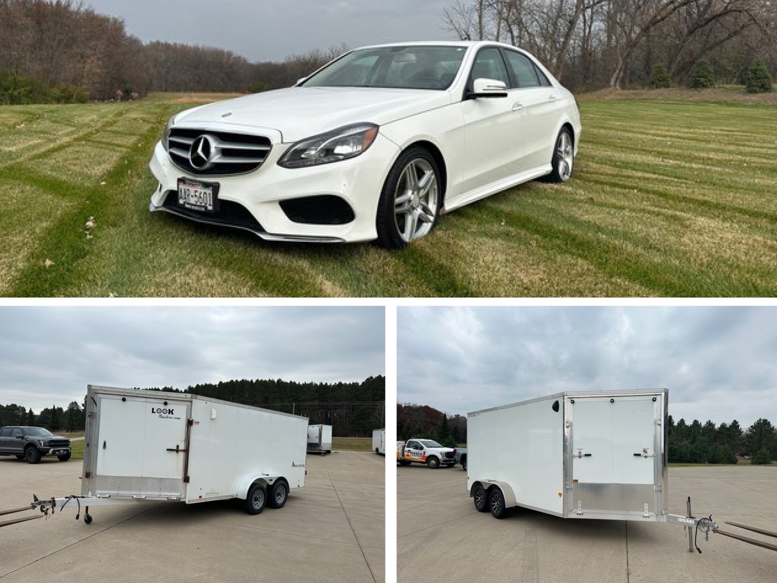 2014 Mercedes E350 4Matic, 2023 and 2016 3-Place Snowmobile Trailers (130343)