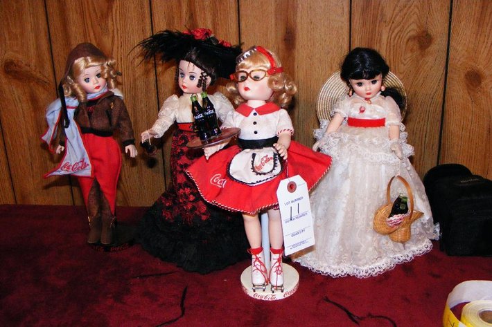 4 porcelain Coca Cola dolls (The Coca Cola by Madame Alexander, Car Hop, Aviator, Victorian Girls, Nostalgia Doll)