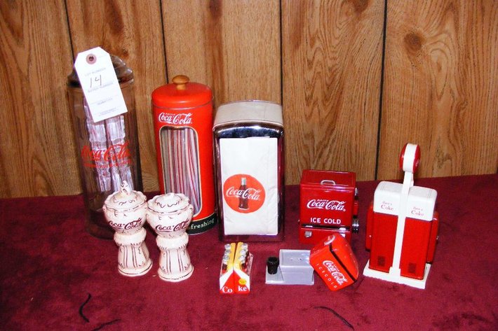 4 sets Coca Cola salt & pepper shakers, toothpick dispenser, napkin dispenser, 2 straw dispensers