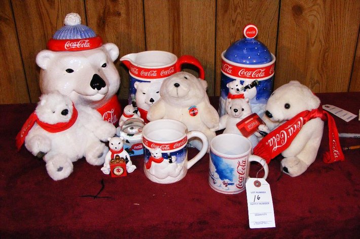 Coca Cola polar bear collection, cookie jar, milk & sugar dishes, cups, snow globe