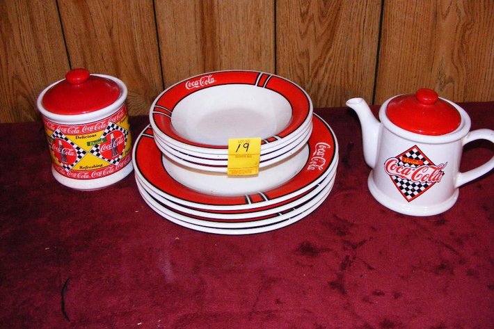 Assorted Coca Cola dishes - 4 bowls, 4 plates, milk & sugar containers