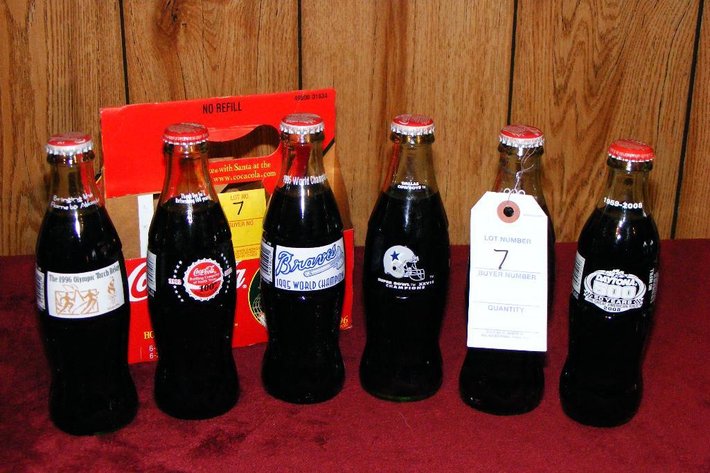 6 pack Coca Cola bottles (1995-2008, 1996 Olympics, Daytona 500, Dallas Cowboys, Atlanta Braves, 100th Anniversary)