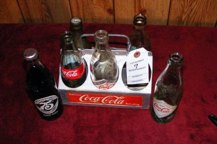 Coca Cola aluminum 6 pack w/various bottles