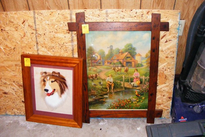 2 framed pictures (farm scene, collie)