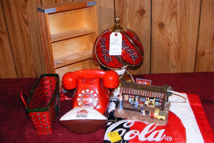 Assorted Coca Cola items - phone, gas station, lamp, small crate, flag