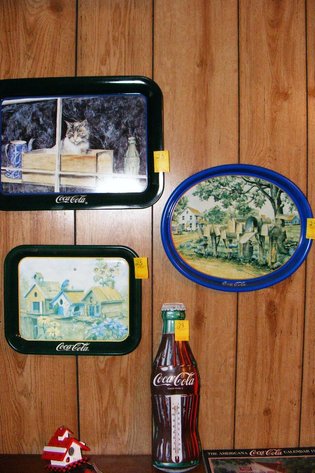 3 tin Coke serving trays, tin Coke thermometer