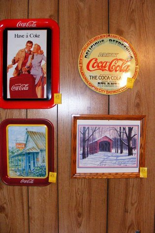 2 tin Coke trays, Coke sign, framed Coke picture