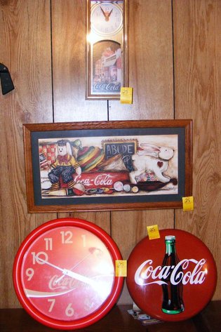 Coke tin, 2 Coke clocks, framed Coke picture