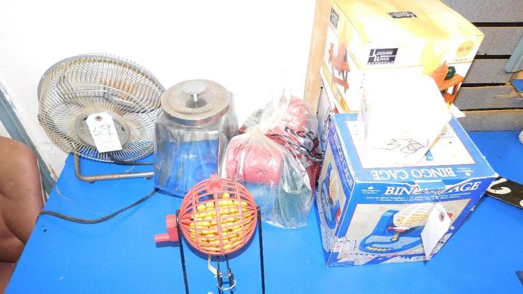 Bingo cages, fan, glass jar