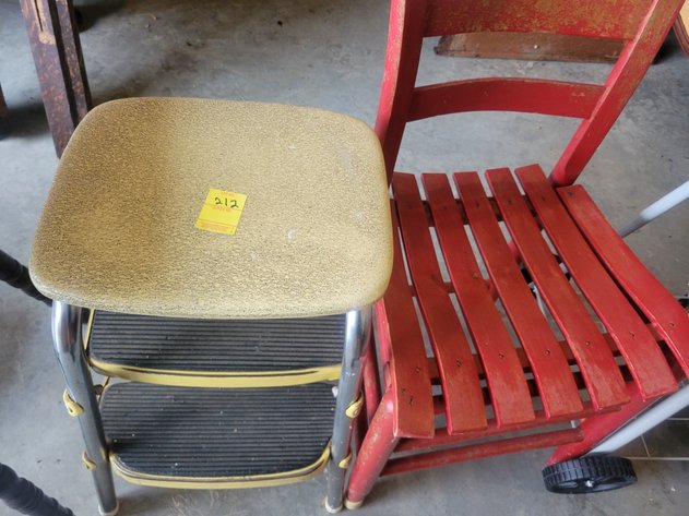 Step stool, wooden straight back chair, charcoal grill