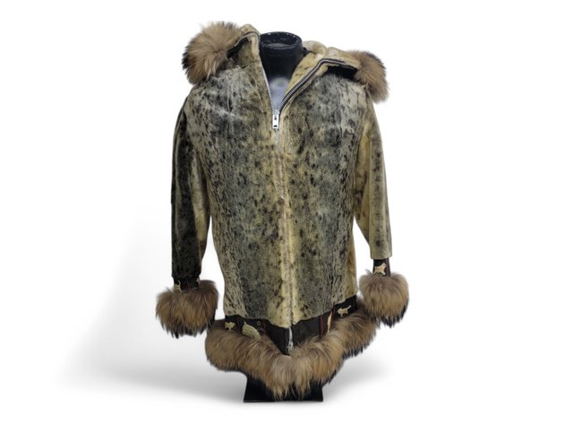 Spotted Seal Fur Coat w/ Alaska Scenery Trim