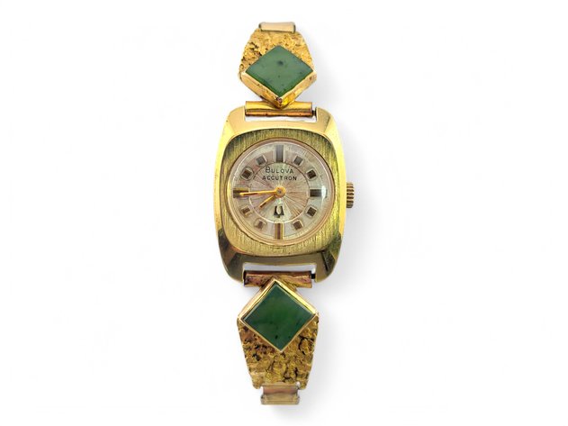 Vintage Bulova Watch w/ Gold Nugget & Jade Cuffs