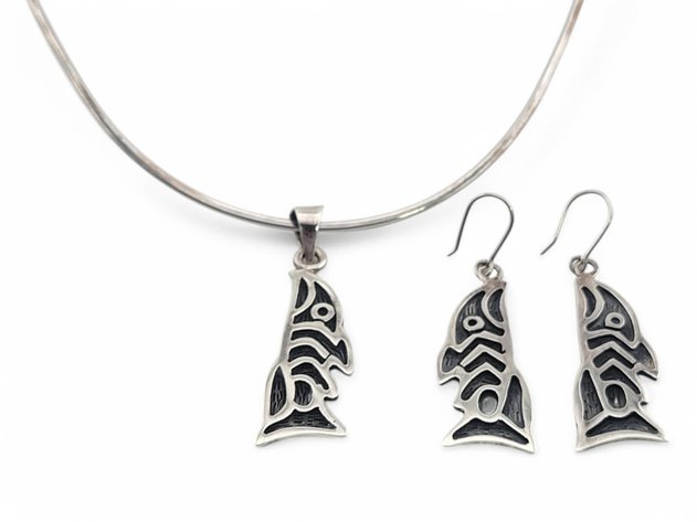 Sterling Silver Salmon Petroglyph Necklace & Earring Set