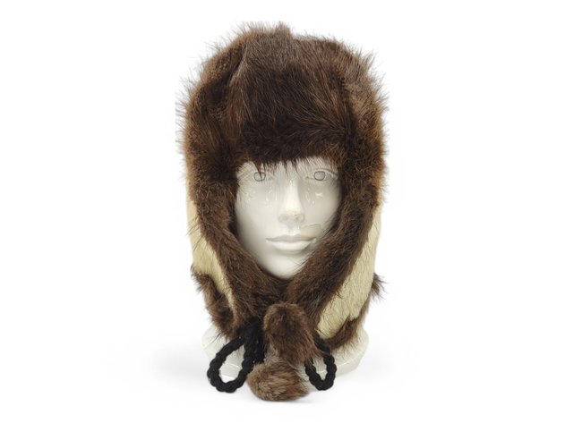 Spotted Seal Fur Trapper Hat w/ Pom-Poms