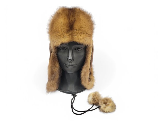 Beaver Fur Trapper Hat w/ Pom-Poms