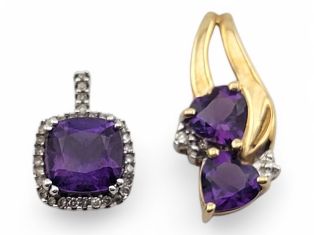 10k Yellow & White Gold Pendants w/ Diamond & Amethyst Stones