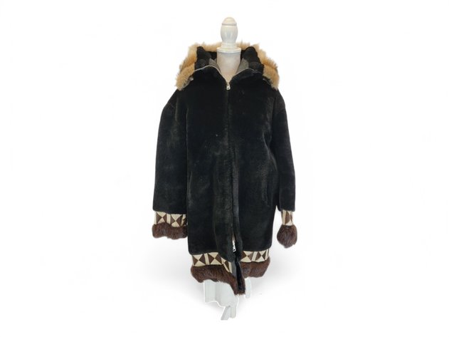 Fur Coat w/ Geometric Trim