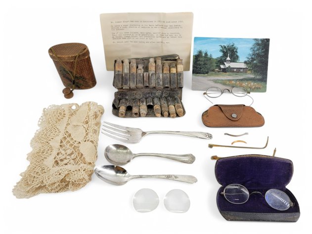 Apothecary Kit, Eyeglasses, Cutlery, Lace Cloth, Bamboo Basket & Original Painting