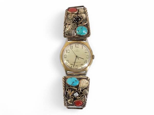 Timex Watch Case & Cuffs w/ Turquoise & Coral