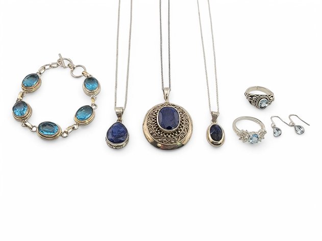 Sterling Silver Pendant Necklaces, Rings, Bracelet & Earrings w/ Blue Gemstones