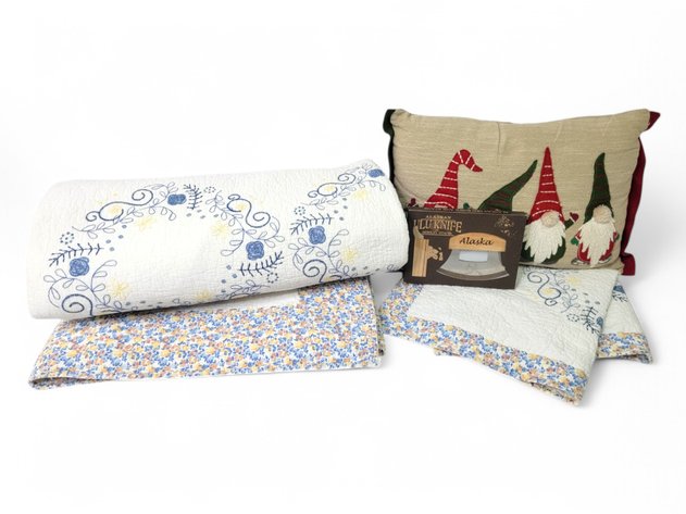 Blue & White Full-Size Quilt w/ Pillowcase, Gnome Toss Pillow & Ulu Knife