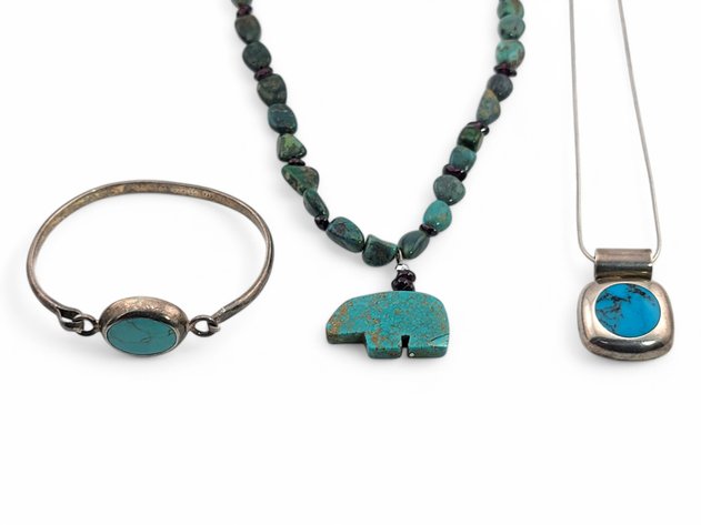 Sterling Silver, Turquoise & Garnet Pendant Necklaces & Bracelet