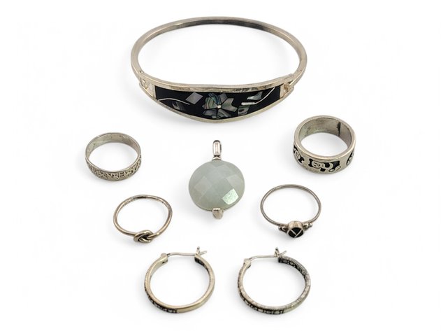 Sterling Silver Rings, Bracelet, Pendant & Earrings w/ Marcasite, Abalone & Adventurine