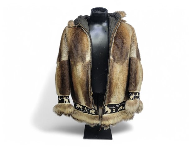 Beaver Fur Coat w/ Alaska Scenery & Wildlife Trim