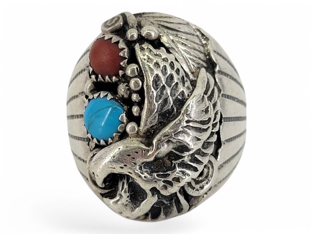 Sterling Silver Statement Ring w/ Turquoise & Red Coral