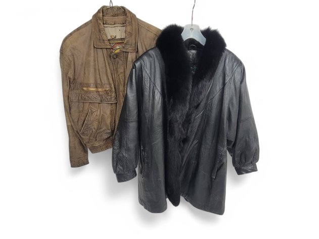 Original Adventure Leather Bomber Jacket & David Green Vinyl Coat w/ Fur Trim