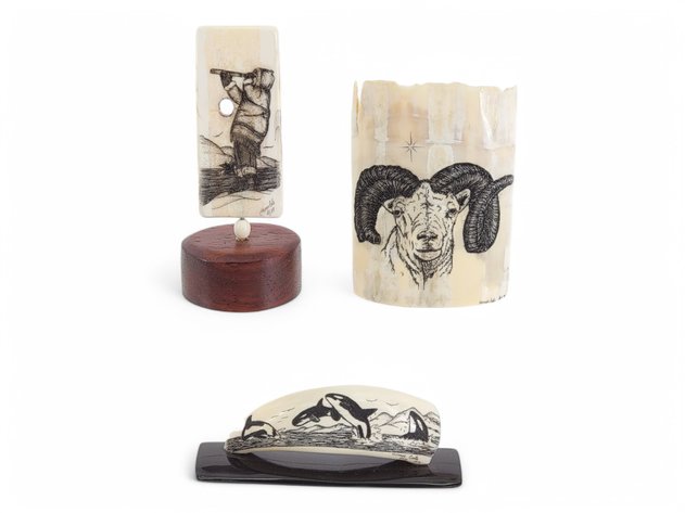 Walrus Tusk & Whale Tooth Scrimshaw - Homer Cole