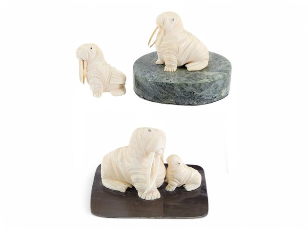 Trio of Walrus Carvings - Dennis Pungowiyi