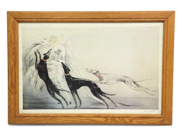 Louis Icart Colored Etching of a Woman & Greyhounds