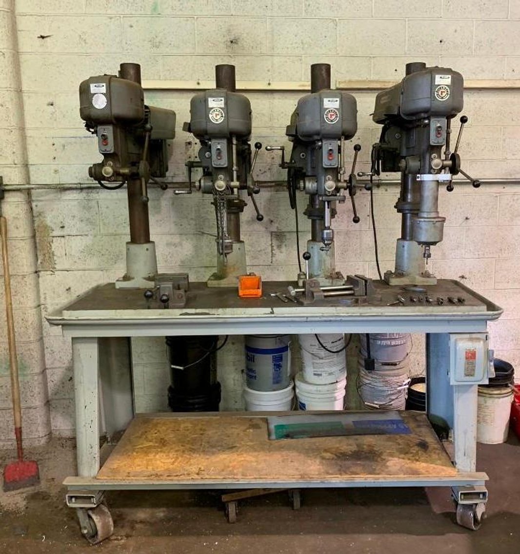 1988 Enterprise 1810 Engine Lathe, Rockwell 70-400 4 Bank Drill Press, 14' Jib Crane, 1/2 Ton Chain Hoist