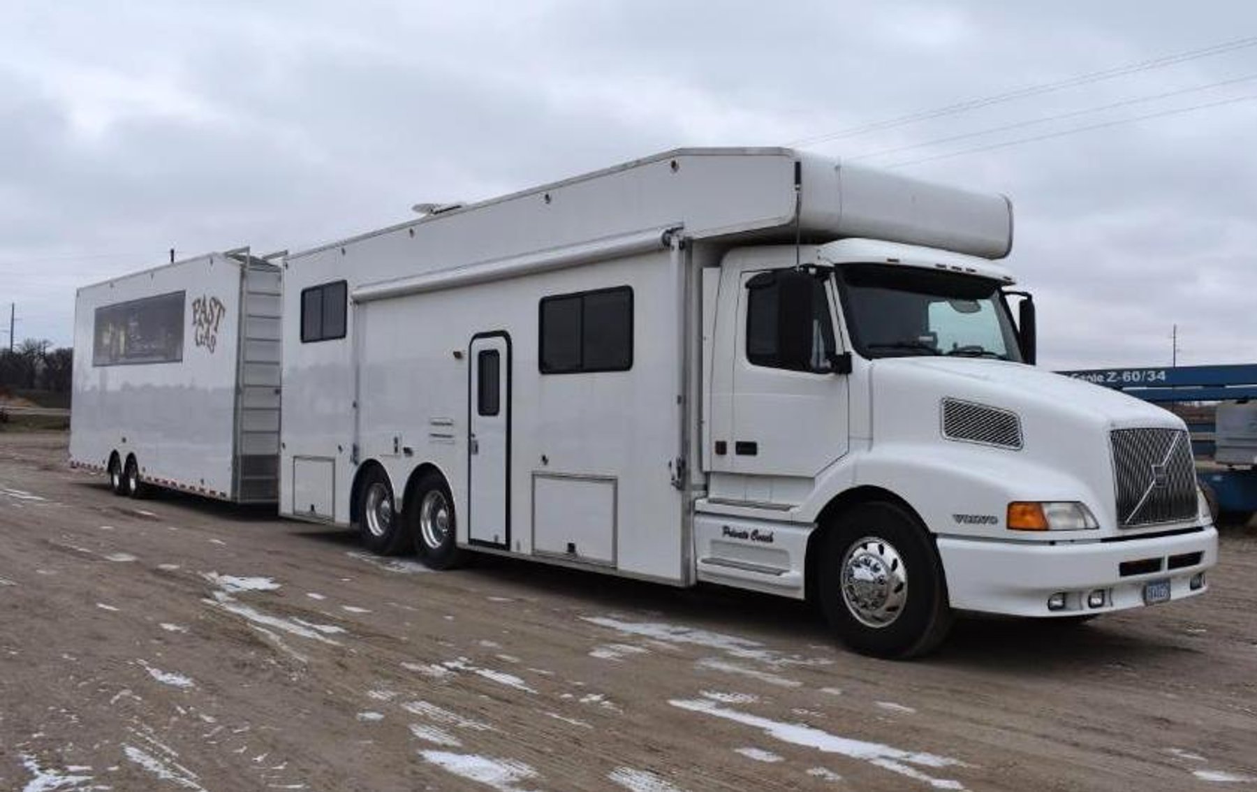 2000 Volvo 38' Overall Motorhome With 2001 Kimbuilt 32' Race Car Trailer With 5' Tongue