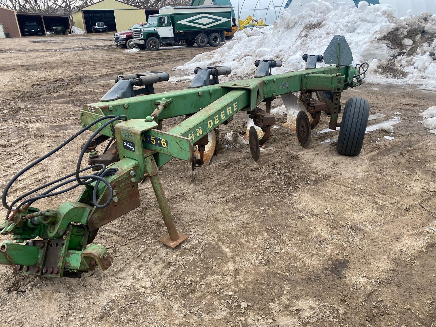 Farm Machinery: John Deere Plow & Disc., Sprayer, Semi Trailer, International Truck