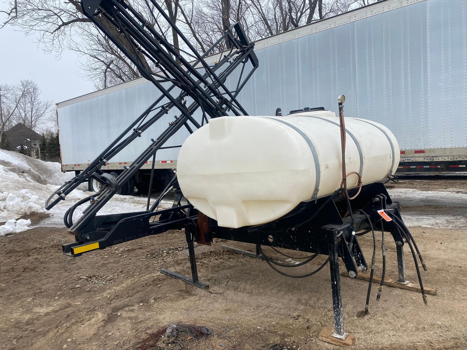 Farm Machinery: John Deere Plow & Disc., Sprayer, Semi Trailer, International Truck