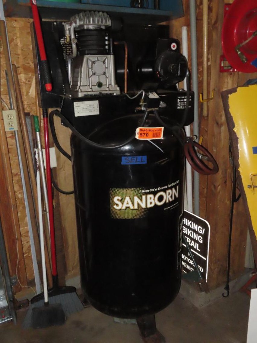 Downsizing Auction: Sanburn 80-Gallon Air Compressor, Sporting Goods, Furniture