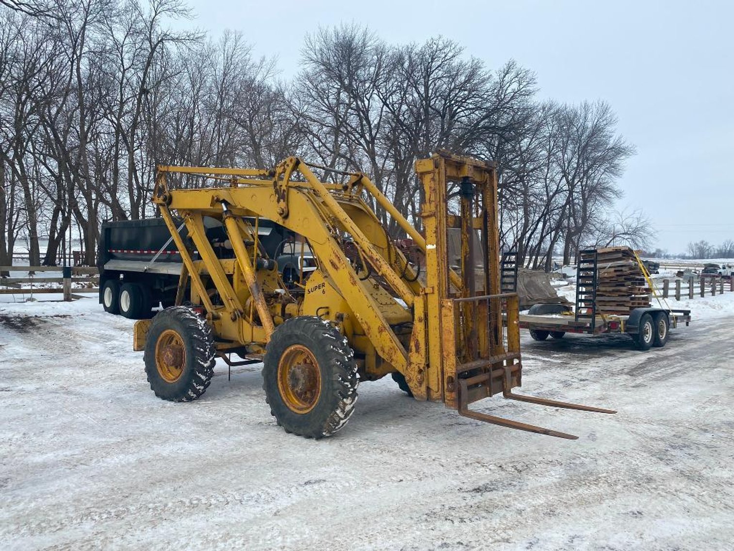 Pettibone Forklift, Vac Unit, John Deere Gator, Snowmobiles, Laser Level & Tools