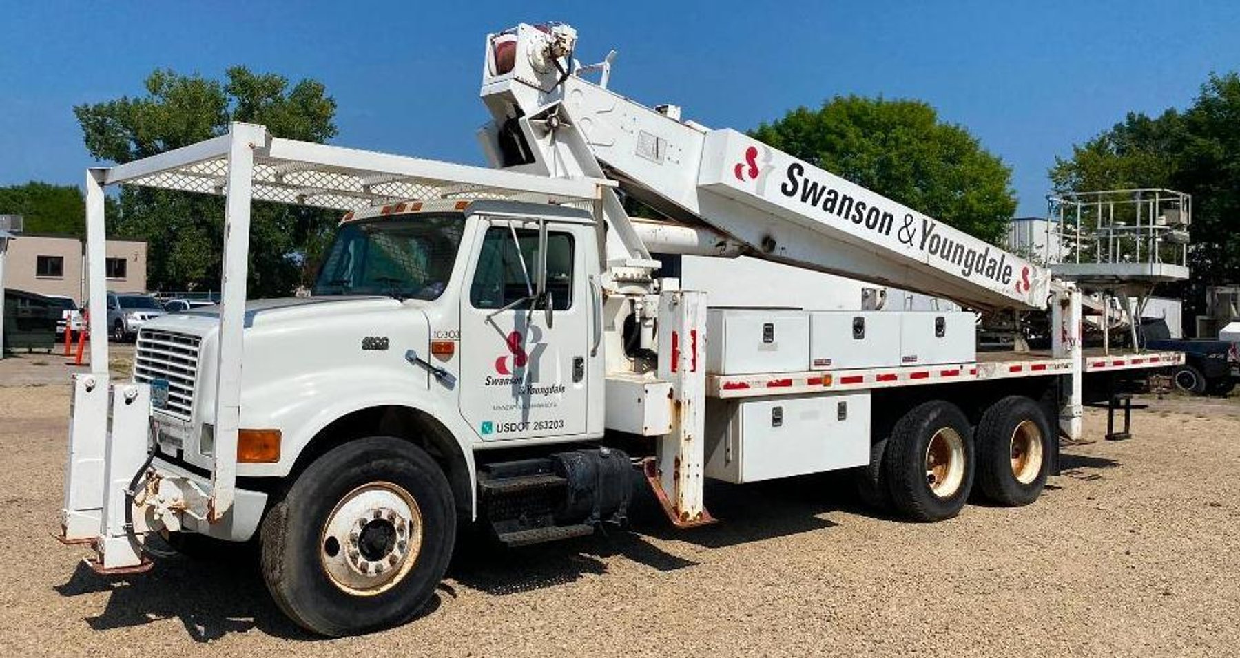 IH 4900 110' Boom Truck, 2000 Freightliner Semi With Cat 3406E 2WS Engine, Talbert 48' Hydraulic Sliding Axle Trailer, 97 Ford Super Duty Dump Truck With 33K Miles, Air Compressor, Tennant Sweeper, IH Flatbed With Liftgate