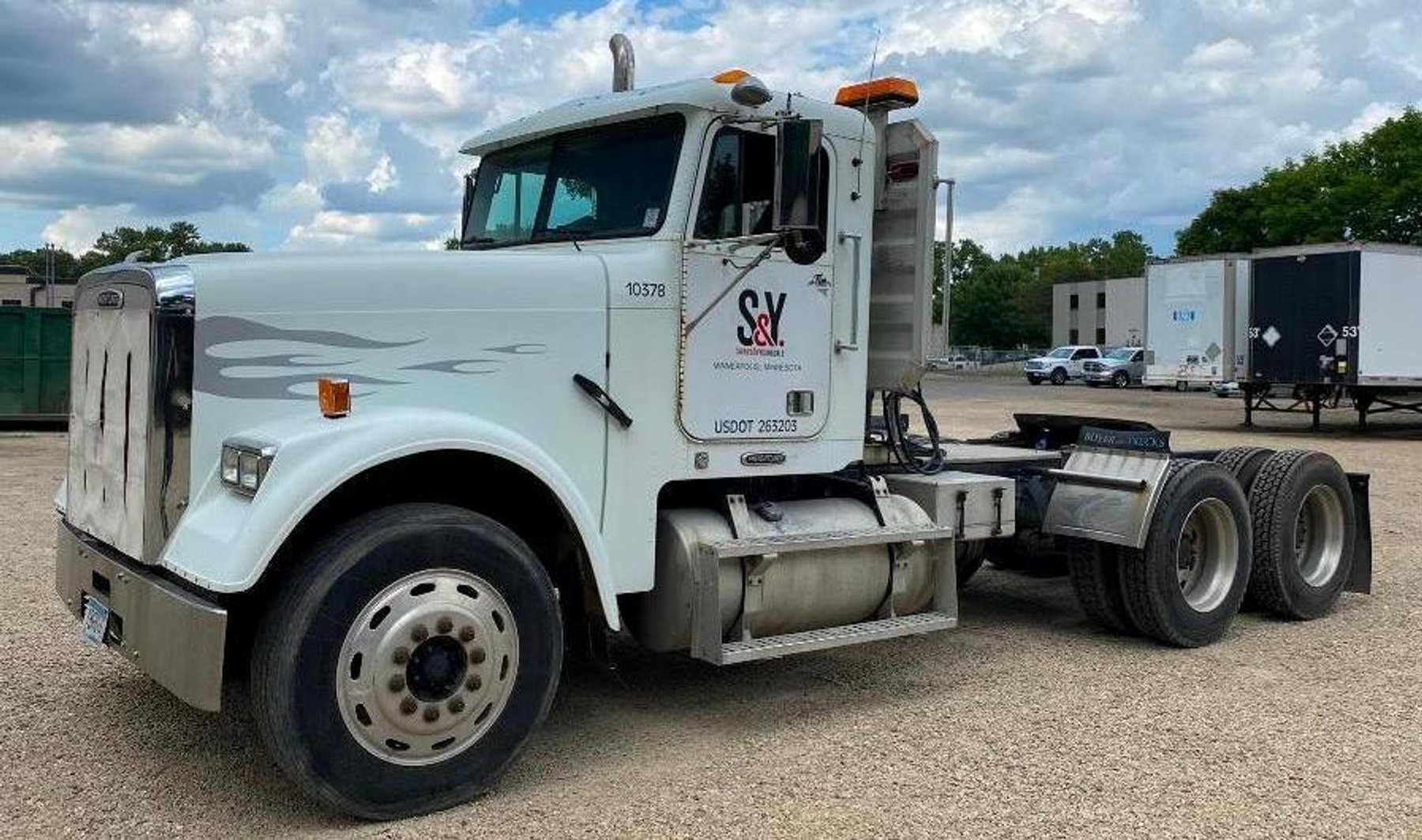 IH 4900 110' Boom Truck, 2000 Freightliner Semi With Cat 3406E 2WS Engine, Talbert 48' Hydraulic Sliding Axle Trailer, 97 Ford Super Duty Dump Truck With 33K Miles, Air Compressor, Tennant Sweeper, IH Flatbed With Liftgate